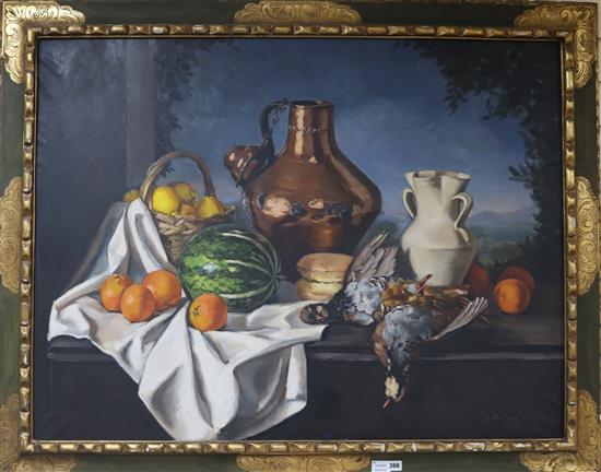 J.M. Saguna Still life of partridges, vegetables and fruit, a landscape beyond 86 x 114cm